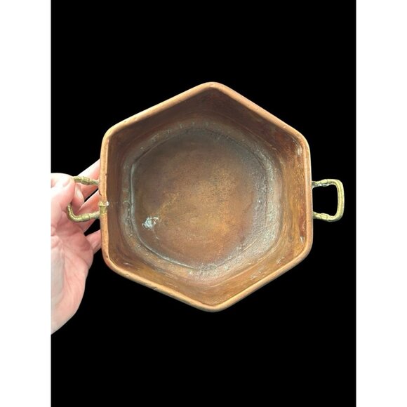 Copper Pot Planter Hexagon Handmade Pieced Seamed Rolled Edge Brass Handles 7x4 - Picture 4 of 10